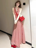 French Red Lattice Hanging Neck Sling Dress Woman 2025 Summer Seaside Holiday Wind To Show Lanky Skirt