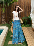 Seaside Vacation Blue Oil Painting Broken Flower Dress Women Summer New Strap High Waist Long A Dress
