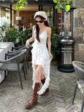 French White Irregular Lace Sling Dress Women's Summer Seaside Vacation Waist Thin Open Fork Long Skirt