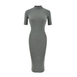 Simple High-End Temperament Half-High-Necked Mid-Sleeve Dress Woman Body Bottom After The Fork Bag Dress