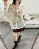 2026 Early Autumn New Oblique Open Shoulder Tie With Hollow Knitted Shirt Girl Lazy Temperament Loose Thin Sweater Hoodie