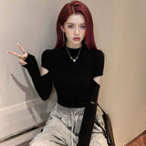 Half-High Collar Hollow Hottie Long-Sleeved T-Shirt Girl Spring And Autumn Pure Simple Shirt Inside The Bottom Shirt