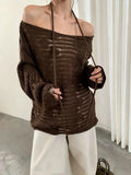 2026 Early Autumn New Oblique Open Shoulder Tie With Hollow Knitted Shirt Girl Lazy Temperament Loose Thin Sweater Hoodie