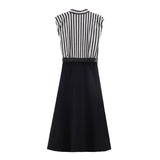 Spring New Splicing Striped With Belted Fan Flute Dress 3564084