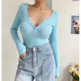 V-Neck Buckle Babes Dress Design Long-Sleeved Sexy Elastic Body Solid-Colored Bottom Shirt