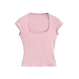 Purely Want Small Lace U Collar Tight Short-Sleeved T-Shirt Women's Summer Elastic Base Slim Bottom Small Top