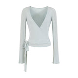 Ballet Style Bottom Hanging Neck Sling + Long Sleeve With Open Shirt + Lateral Waist Hanging Micro-Horn Pants Three-Piece Set Of Women