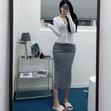 Slender Open Fork Loose Waist Half-Dress Folded Long Skirt Bag Hip Skirt South Korea Dongdaemun Autumn New Sexy