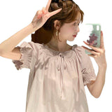 Bubble Sleeves Age-Reduced Lace Side Short-Sleeved Shirt Women Summer Lace With Loose Blouse Bubble Sleeve Top