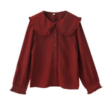 College Style Sweet Doll Collar Splicing Wooden Ear Lace Waffle Long-Sleeved Shirt Top Female Loose Type