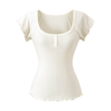Korean Niche Design Sense U-Neck Short-Sleeved T-Shirt Women 2026 Summer New Button Lace Slime Top Tide