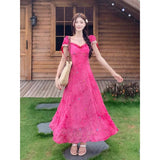 2025 New Light Luxury Feeling Waist Slim Floral Dress Rose Red Especially Beautiful Podle Dress Summer Girl