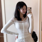 Spring And Summer New Temperament Lace Splicing V-Neck Top Pure Desire To Repair The Body Long Sleeves And Bottom Shirt T-Shirts For Women