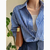 2025 New Blue Striped Shirt Women Spring And Autumn Design Sense Small Loose Temperament Chic Shirt Top Woman