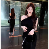 French Oblique Shoulder Dress Sexy Long Temperament Waist And Shoulder Folding Bag Hips Open Forked Senior Sense Skirt