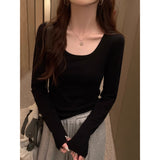 92 People Cotton 8 Spandex U Collar Shoulder Long Sleeves Plus Velvet T-Shirt Girl Body Autumn And Winter Big Neck Collar Inside The Top