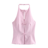 Summer New Hanging Neck Bows Decorated Solid Color Top 4772009