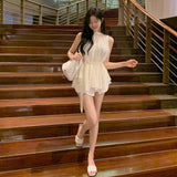 Summer New Temperament Age-Old Pure Desire High-End Blouse Han Thin Hanging Neck Tie Waist Chiffon T-Shirt Girl