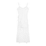 French White Irregular Lace Sling Dress Women's Summer Seaside Vacation Waist Thin Open Fork Long Skirt