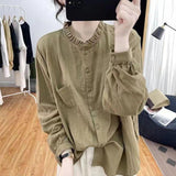 Pure Cotton Long-Sleeved Shirt Women 2025 Spring And Autumn Solid Color Retro Loose Fashion Thin Set Shirt Wear