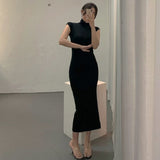 High-Necked Sleeveless Dress Comfortable Tight Skinny Temperament South Korea Big Sister Pure Want To Pack Hip Long Dress Summer Autumn Sexy