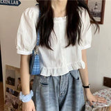 2025 Lotus Leaf Side Short-Sleeved Shirt Women High Waist Can Be Sweet Bubble Sleeve Fresh Leaf Side Shirt