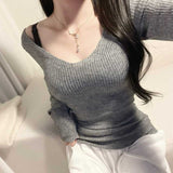 South Korea's New Autumn Temperament V-Neck Slim Slim Thin Top Show Body With Long-Sleeved Bottom Shirt T-Shirt Woman