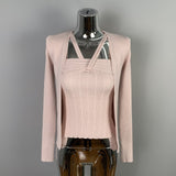 Spring And Autumn New Elegant Temperament Hanging Neck Collar Tight Vest T-Shirt + Knit Long Sleeve Repair Shirt Set Woman