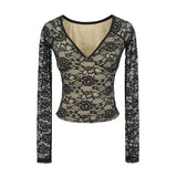 Light Familiar Wind V-Neck Hollow Lace Long-Sleeved Top Dress Showing Thin Low-Waisted Temperament Ass Short Skirt Sexy Two-Set Woman