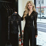 Lace Pure Want To Show Thin V-Neck Long-Sleeved T-Shirt Girl Summer Thin Slim Hottie Waist Top Sexy
