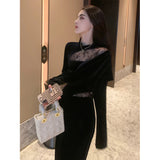 Black Velvet Dress Women Autumn 2025 New French Lace Splicing High-End Banquet Small Dress Dress