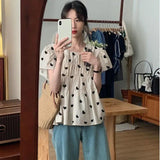 Apricot Folded Short-Sleeved Shirt 2025 Summer Loose Love Heartbreak Flower Blouse Bubble Sleeve Blouse Blouse Blouse Blouse Blouse