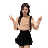 One-×Öabanded Bow Bow T-Shirt Topess Women 2025 Spring New Lotus Side Chiffon Shirt Long Sleeves