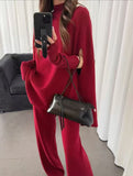 Autumn And Winter Fashion High-End Lazy Wind Bat Sleeve Loose Knitted Sweater + Sleeve + Broad Leg Pants Three-Piece Set