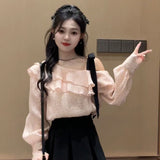One-×Öabanded Bow Bow T-Shirt Topess Women 2025 Spring New Lotus Side Chiffon Shirt Long Sleeves