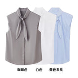 Spring New Striped Bow Trim Sleeveless Shirt 4786014250