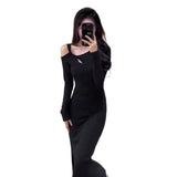 Temperament Pure Lust Wind Irregularly Collared Shoulders Pure Color With Long Sleeve Dress Autumn And Winter Thick Grinding Coat Ass Long Dress
