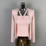 Spring And Autumn New Elegant Temperament Hanging Neck Collar Tight Vest T-Shirt + Knit Long Sleeve Repair Shirt Set Woman