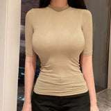 Summer Slim Slim Slim Slim Sleeve Top Woman New Sexy Round Neck Five-Sleeved T-Shirt Woman
