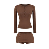 Pure-Style Sexy Hottie Set Spring Warehouse Round Collar Buckle Long-Sleeved T-Shirt Low-Waisted Hip Shorts Skirt Girl
