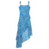 Holiday Style Retro Floral Sling Dress Women's Summer Design Irregular Dress To Collect Waist Thin A Skirt