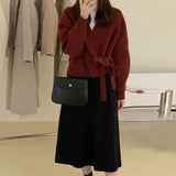 French Retro V Tie Loose Outer Knitted Cardigan Design Sweater Coat Femininity