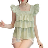 Mint Green Lotus Side Small Flying Sleeve Chiffon Top Women's Summer Age Reduction Texture Fluffy Short-Sleeved Shirt Sunscreen