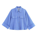 BSK&TRAF Women's Summer 2025 New Vintage Flax-Blend Striped Shirt 2224666