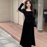 Golden Velvet Black Collar Dress Women's Autumn Long-Sleeved Dress Folded Waist Dress Retro Niche Does Not Bump