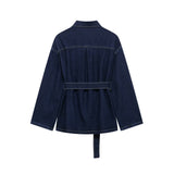New Retro Waist Strap With Belted Collared Denim Jacket Vintage Denim Trousers