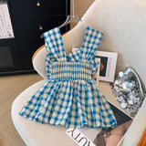 Vintage Blue Lattice Tiling Sleeveless Sleeve Sling Vest Women Summer Chic All-Around Age Reduction Topless Women