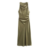 BSK&TRAF Women's Clothing 2026 Summer New Fashion Silk Hyssin Texture To The Waist Of The Fan Flute Dress 8372090