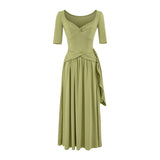 French Temperament Kinesiky Mid-Sleeve Dress Women Summer Waist Splicing Design Pure Luster Collar Ribbon Long Skirt
