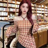 Red Lattice Open Shoulder Repair Word Shoulder Women's T-Shirt Long-Sleeved Spring Temperament Hottie